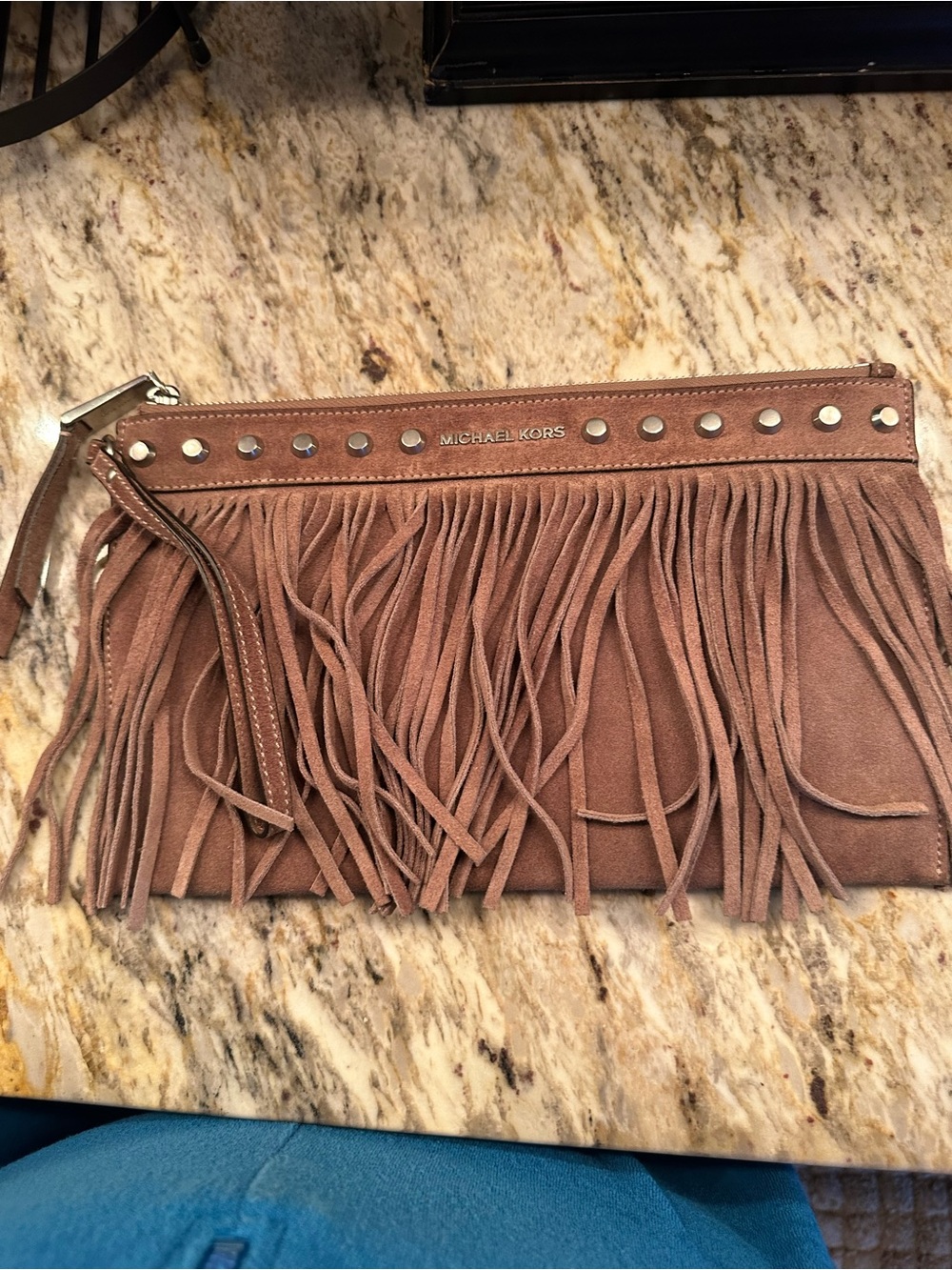 MICHAEL KORS Suede Fringe Wristlet Clutch in Taupe Brown